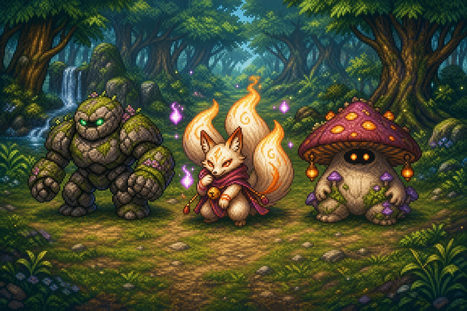 Illustration of a front-view JRPG battle: a moss golem, a three-tailed fox spirit and a lantern mushroom creature facing the player in a forest.
