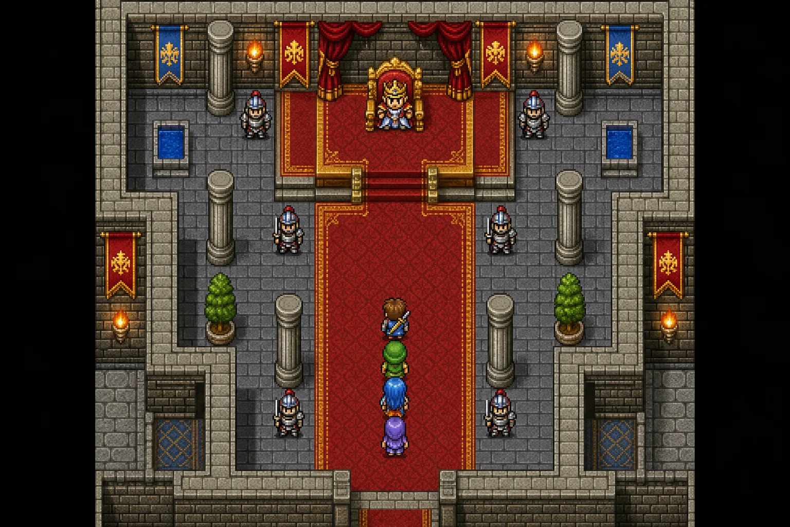 Top-down illustration of a castle throne room with guards, banners and a king, as a party approaches.