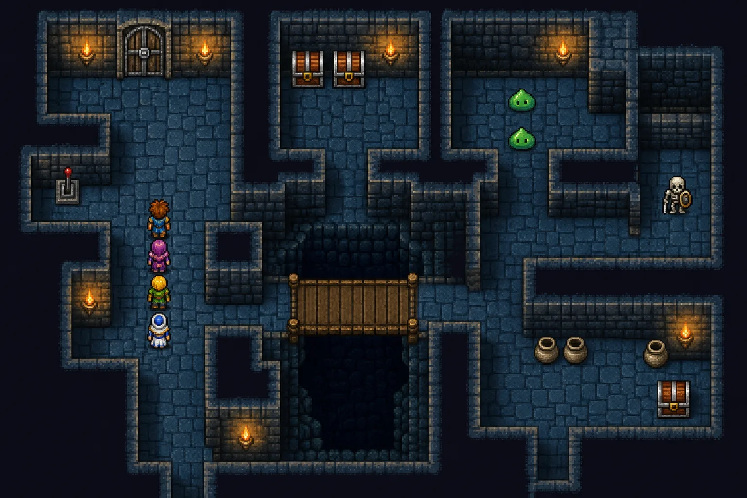Illustration of a torch-lit dungeon with a locked door, a lever, chests, slimes, a skeleton and a party exploring.
